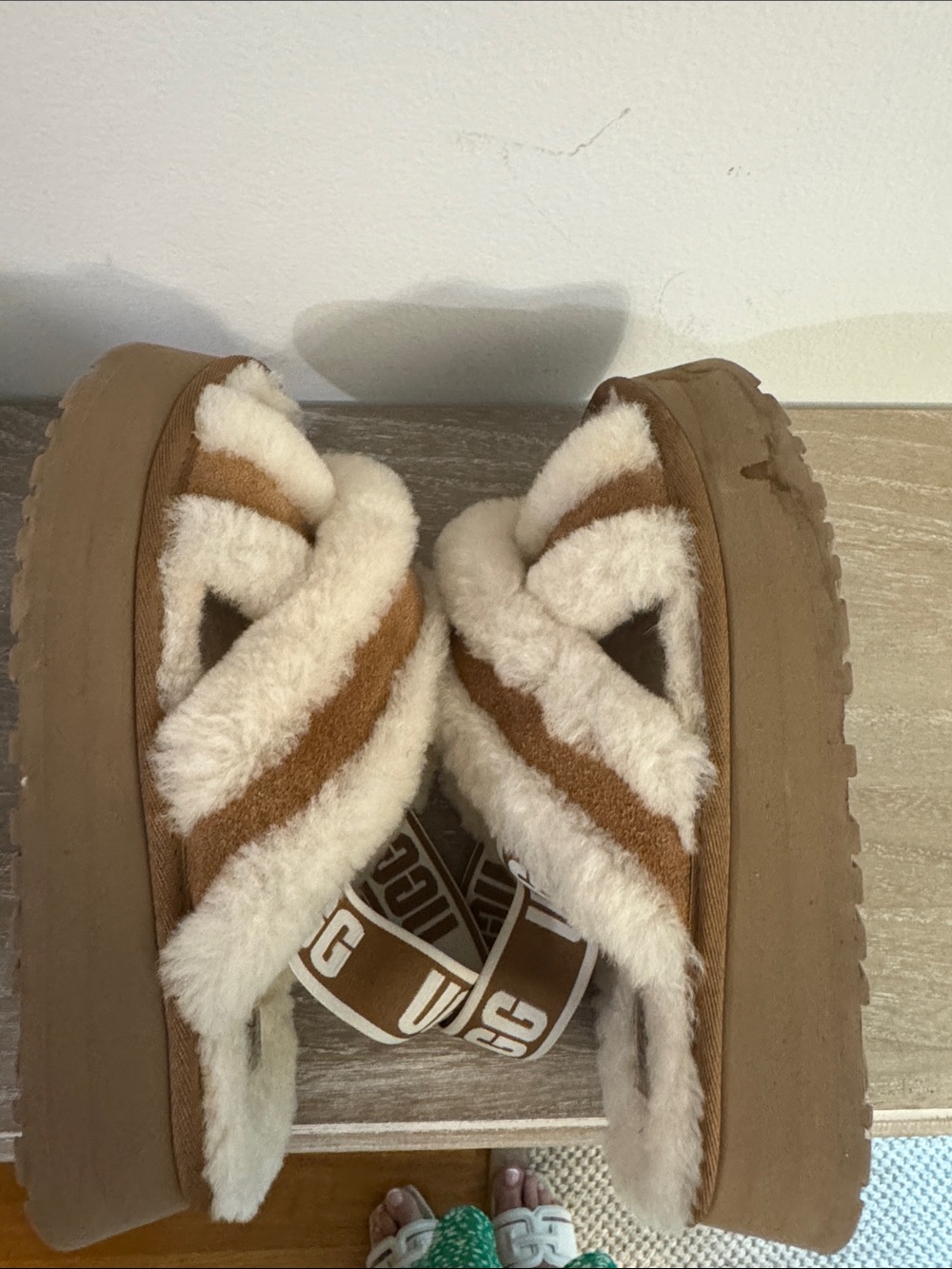 UGG Chestnut and Cream Fluff Flip Flop Slippers with Logo Strap - Picture 8 of 12